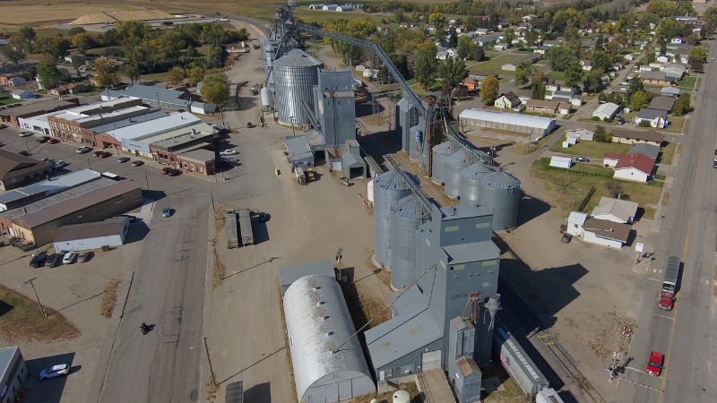 Aerial image of a grain facility.